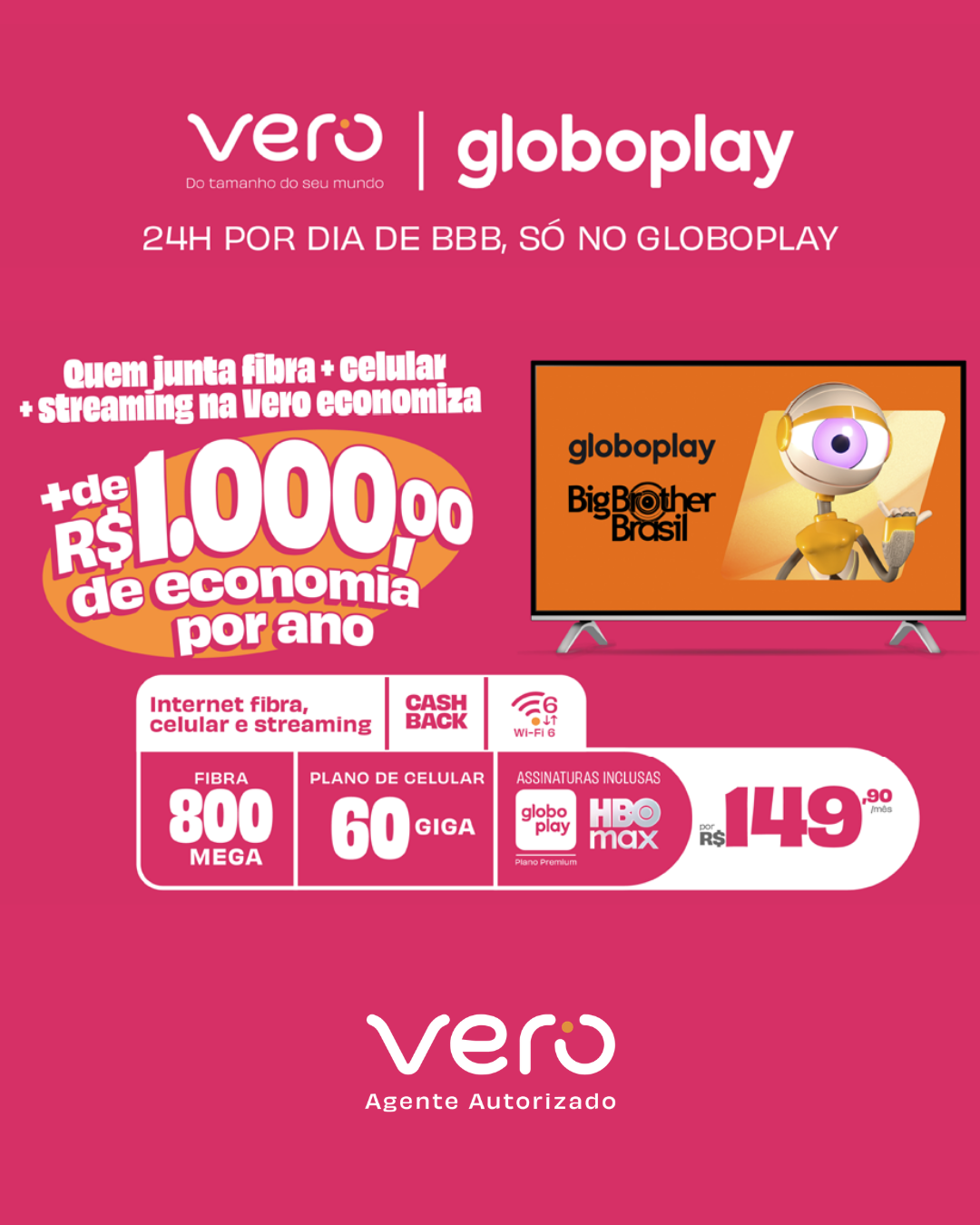 Oferta Vera Verão - 800 Mega com chip de 60 giga e globoplay premium